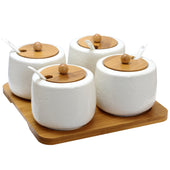 Elama Ceramic Spice, Jam and Salsa Jars with Bamboo Lids and amp; Serving Spoons